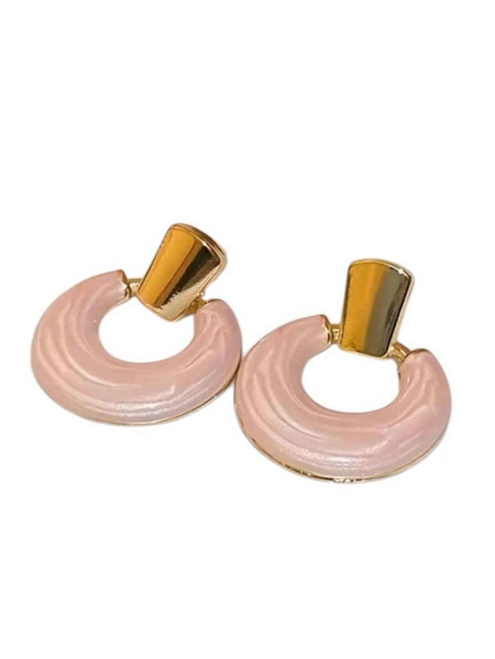 Swirly Pale Peach Enamel Door Knocker Style Gold Toned Stud Earrings